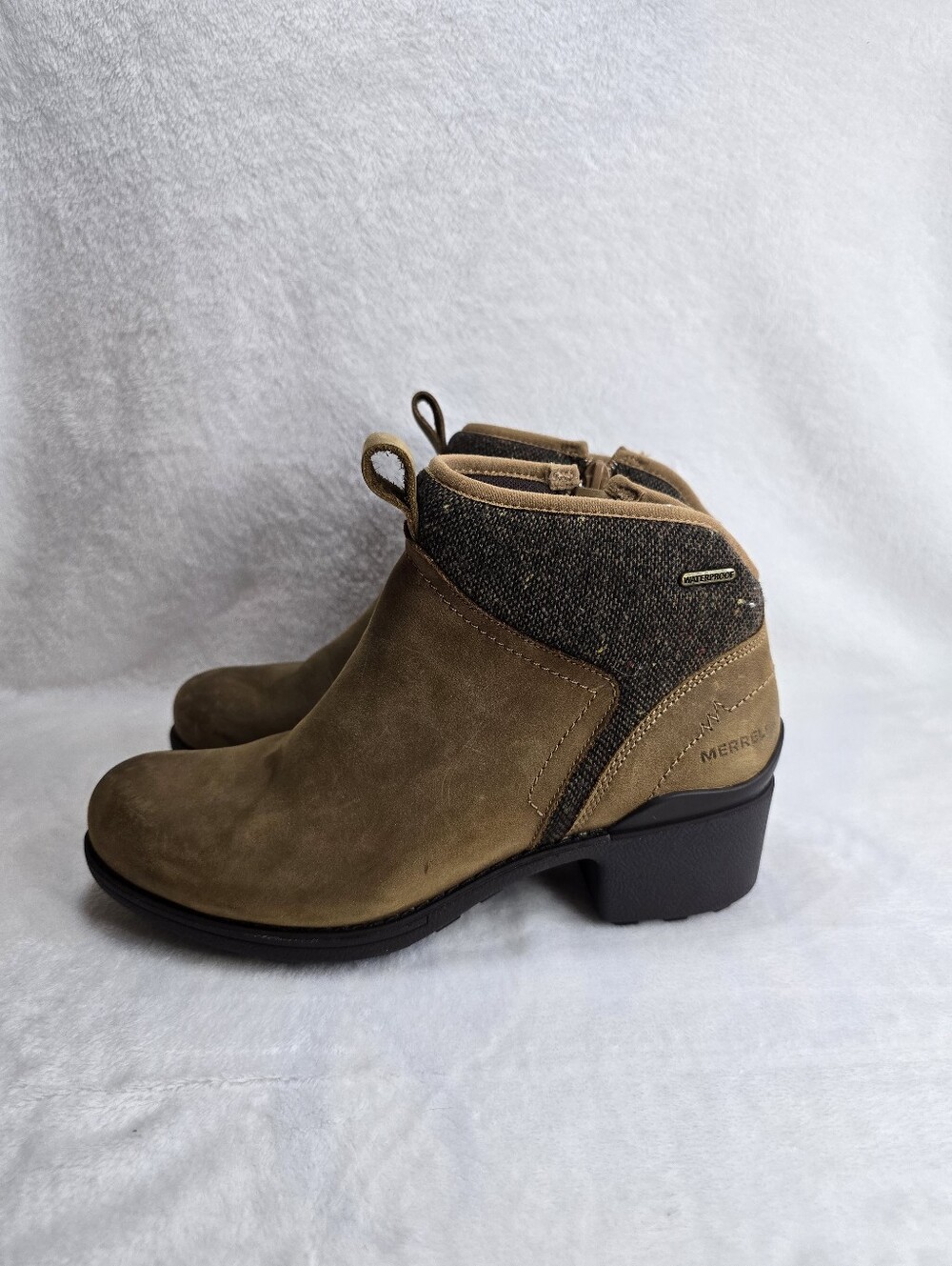 Merrell Chateau II Mid Pull Waterproof Boots Brown Leather Tweed Womens size 8.5